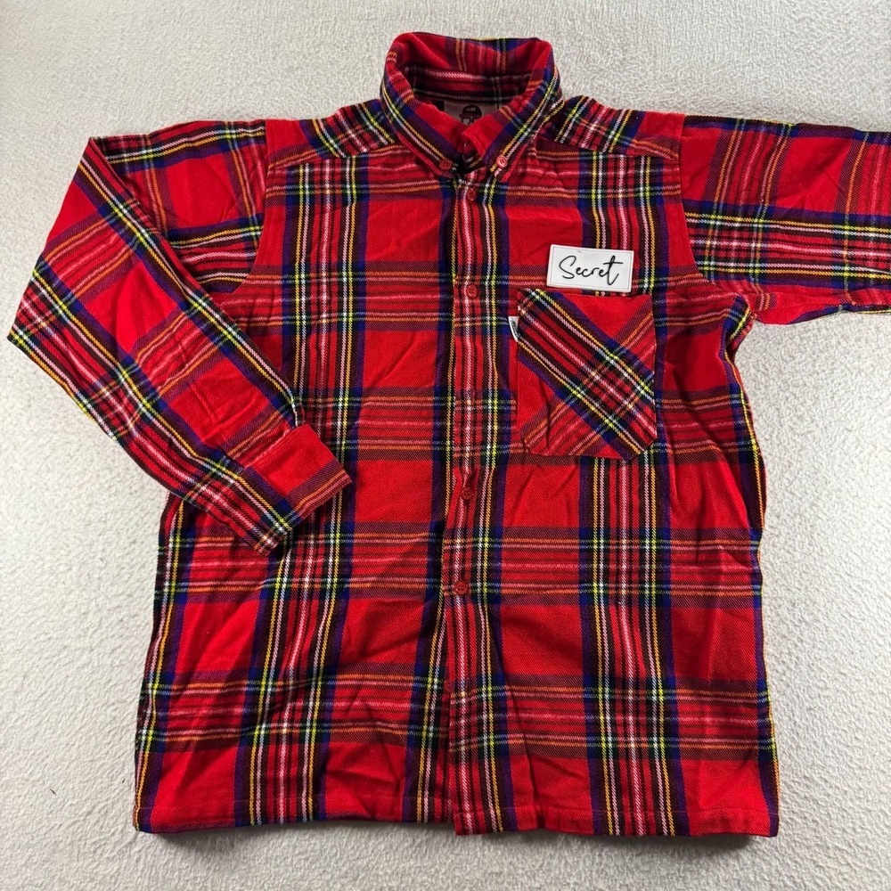 SS Secret Plaid Button Down Shirt Mens XS Red Tartan Streetwear Long Sleeve Exc